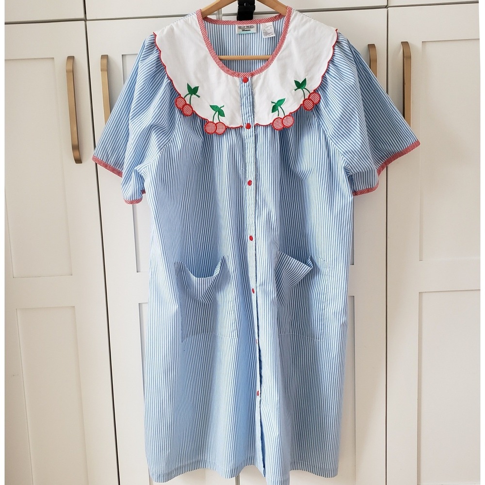 Kelly Reed Woman Robe‎ Womens 18W Blue Stripe Cherry Collar Button Front